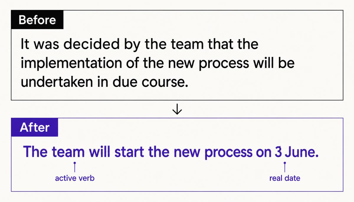 Before and after sentence revision replacing a passive, vague sentence with an active one containing a real date