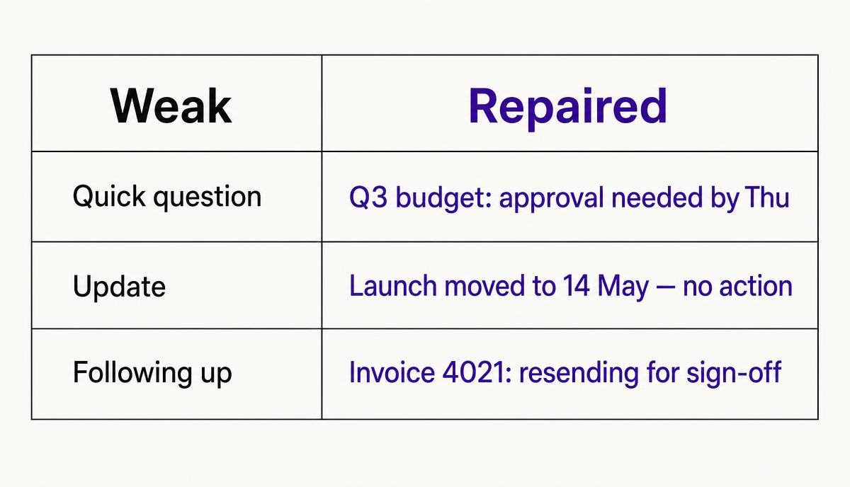 Two-column table of weak email subject lines beside repaired versions that name the topic and the required action
