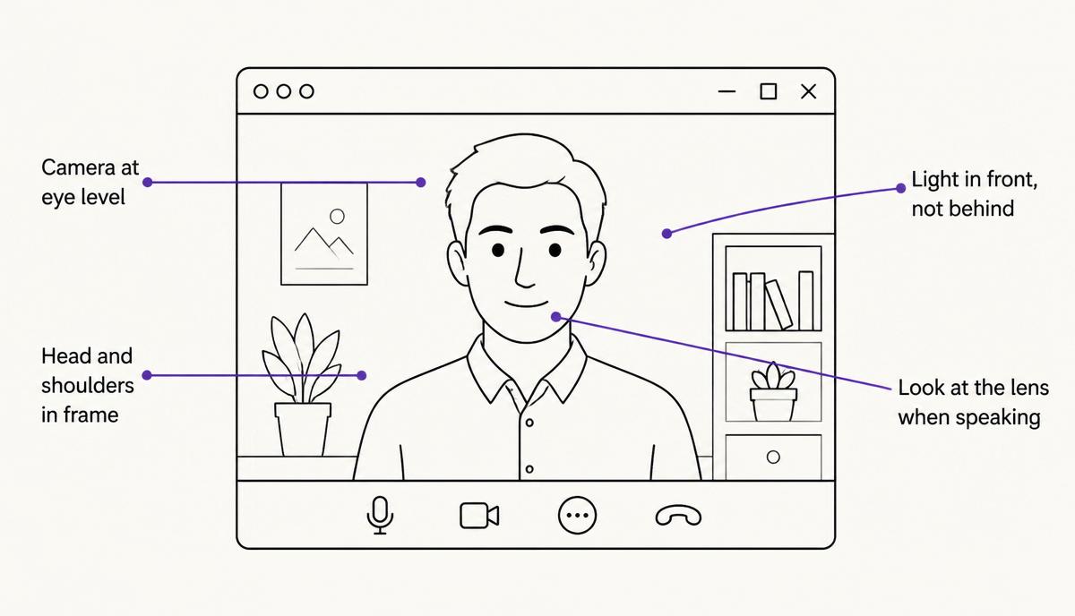 Line drawing of a video call window annotated with camera at eye level, head and shoulders in frame, light in front not behind, and look at the lens when speaking