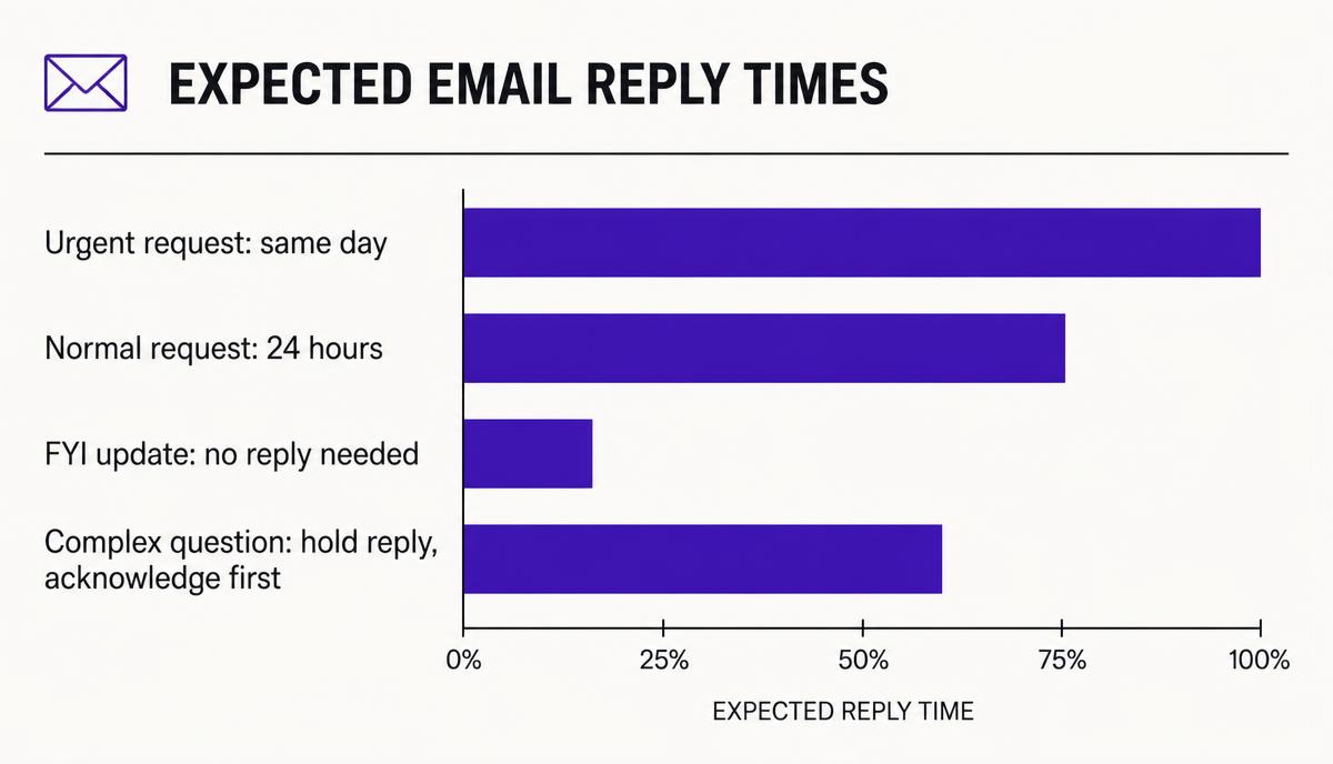 Bar chart of expected email reply times by message type, from same-day for urgent requests to no reply needed for updates