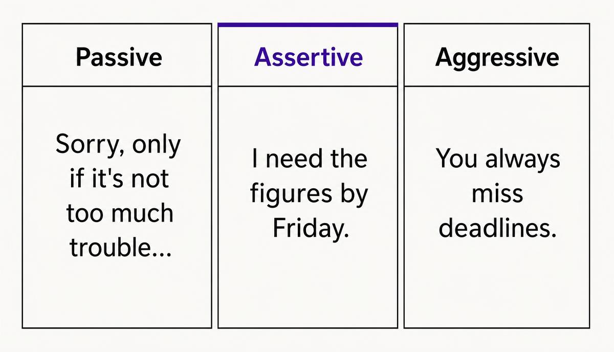 Three columns showing the same request phrased passively, assertively and aggressively